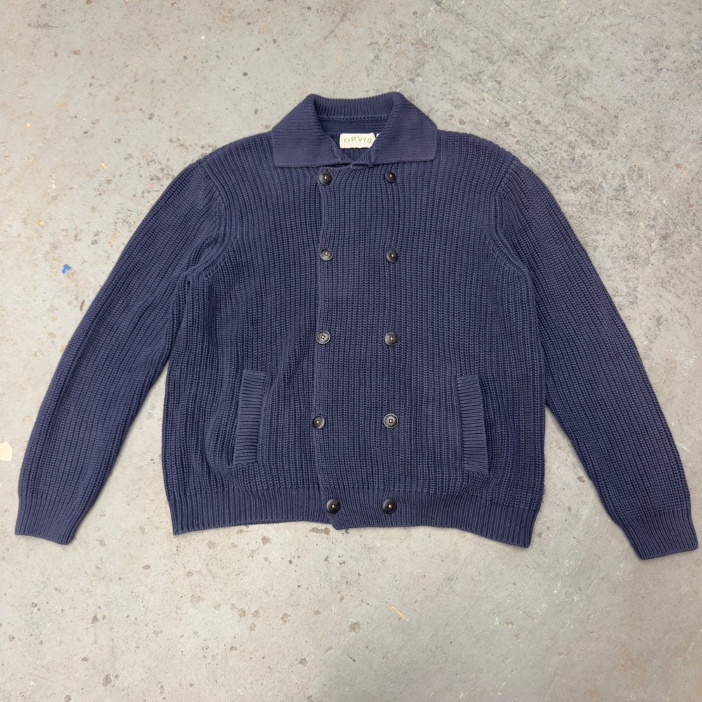 Orvis Mens Navy Blue 100% Cotton Double Breasted Shaker Knit Cardigan Sweater L